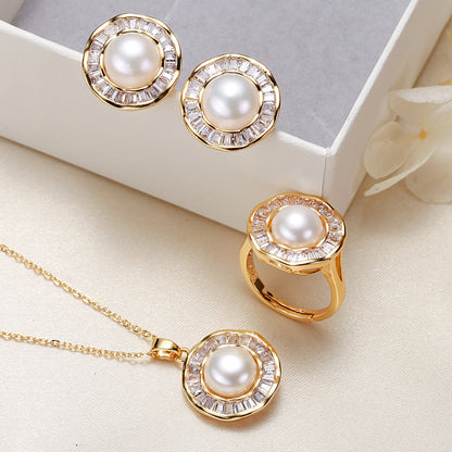 Pearl Necklace Ring Earings Set